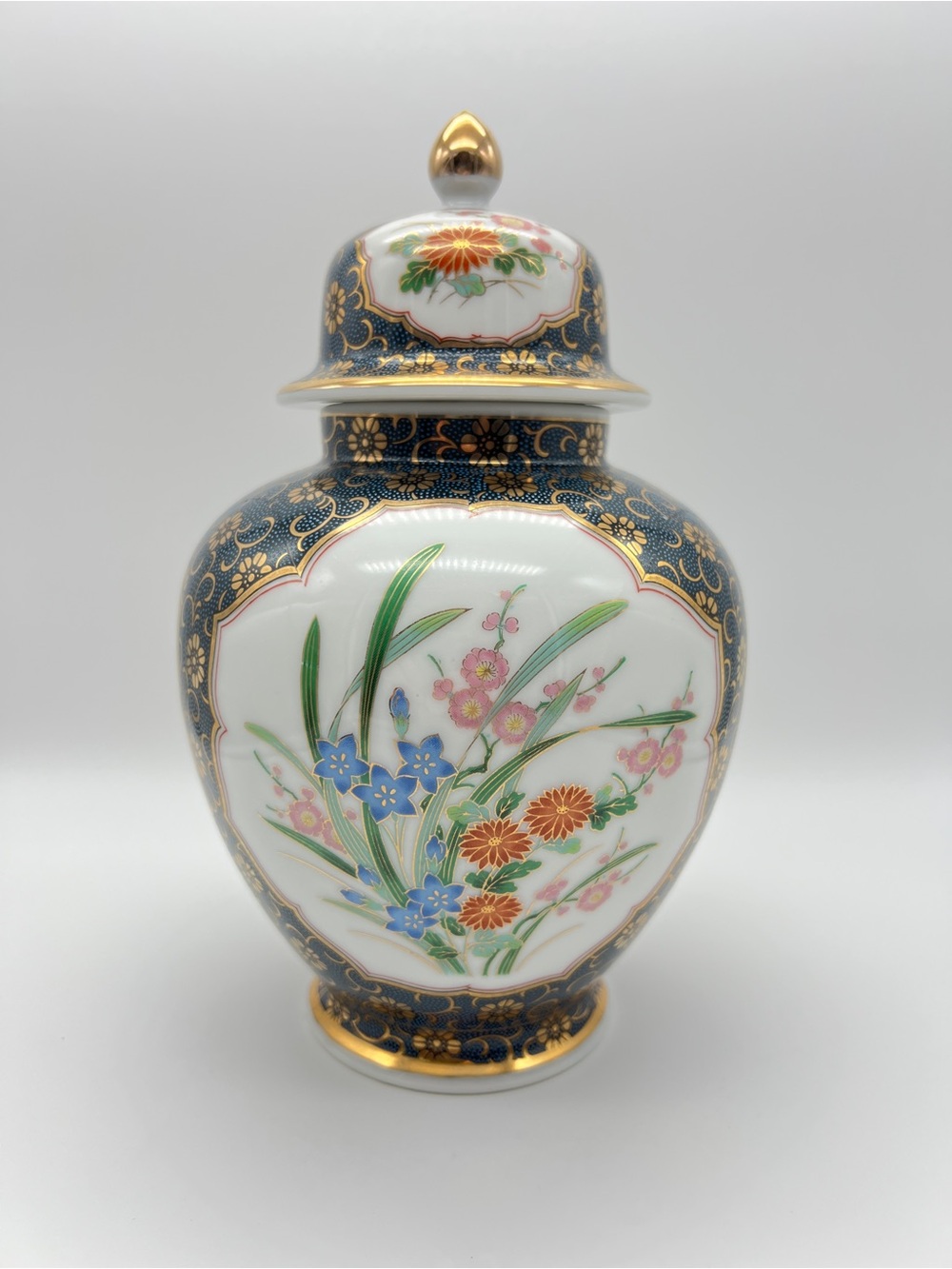 Vintage Japanese OMC Porcelain Ginger Jar with Lid Floral Gold Decor